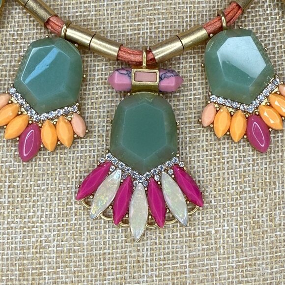 J. Crew Statement Necklace With Green Gemstones Pink & Orange Accents Multi-Stra - Picture 2 of 6